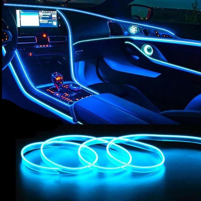 Гибкая неоновая Подсветка салона авто - Холодный синий  5м от прикуривателя