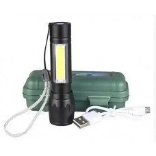 Фонарь ручной аккумуляторный с USB, боковым светом и ZOOM, XPE+COB