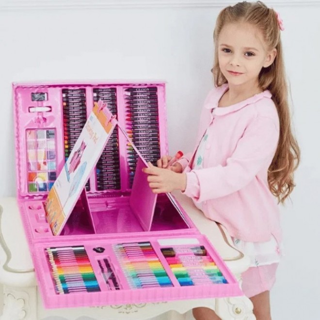Детский набор для рисования  на 208 предметов с мольбертом в чемоданчике розовый 